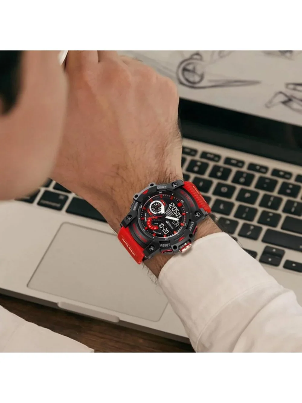 Mens Red Black Analog Quartz S-Shock Waterproof Outdoor Sports LED Digital Watch